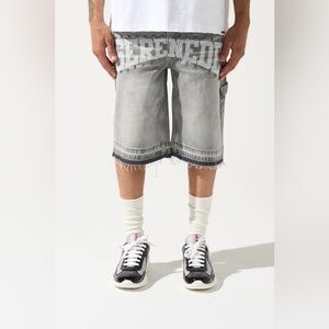 SERENEDE ATELIER DENIM SHORTS VINTAGE GREY STUD LOGO PRINT Size 38